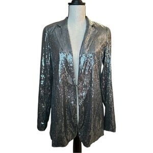 A New Day Silver Blue Sequin Open Front Blazer Party Jacket | XS/S